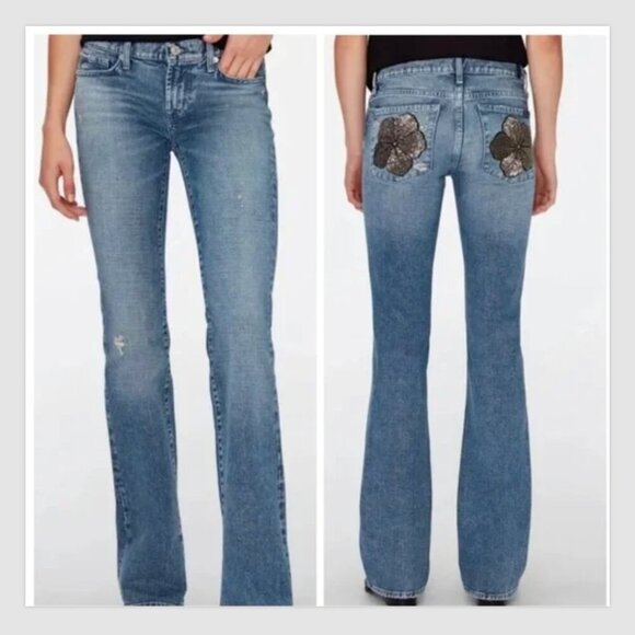7 For All Mankind Denim - 7 For All Mankind Maribel Bootcut Jeans Size 28 Beaded Floral Embellished Denim